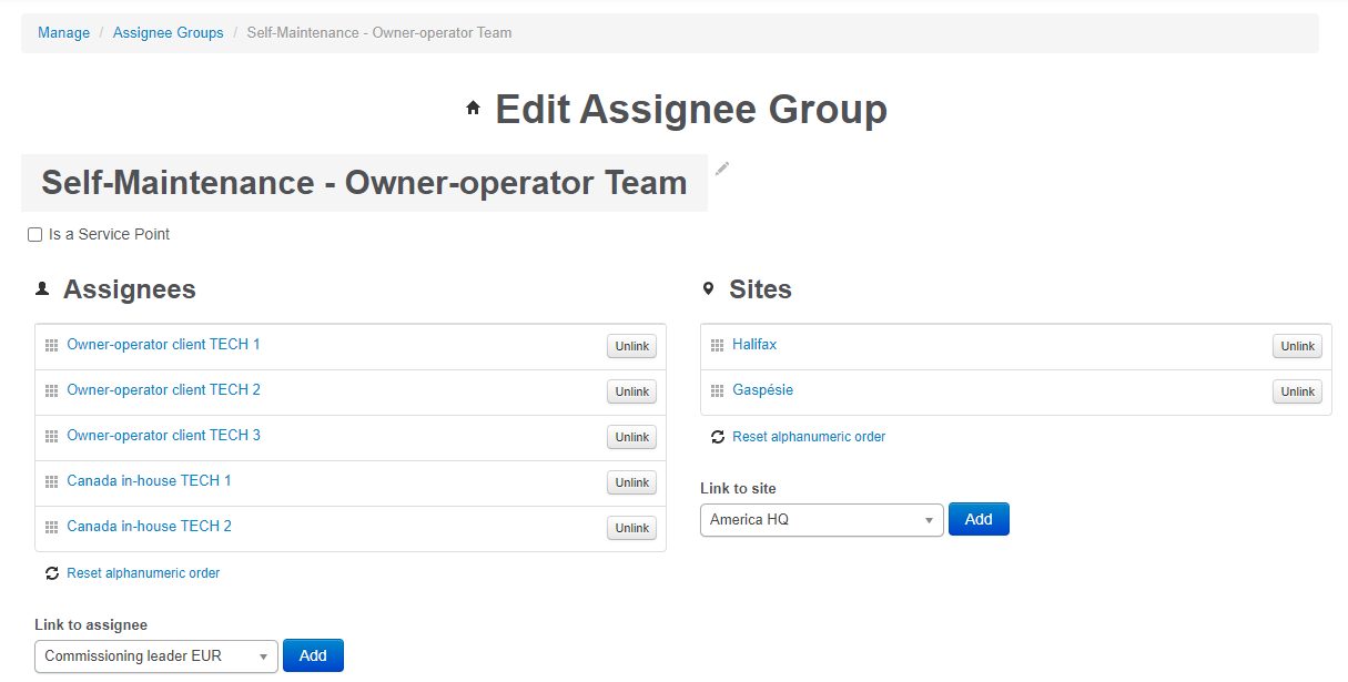 Assignee Group for client self-maintenance team.
